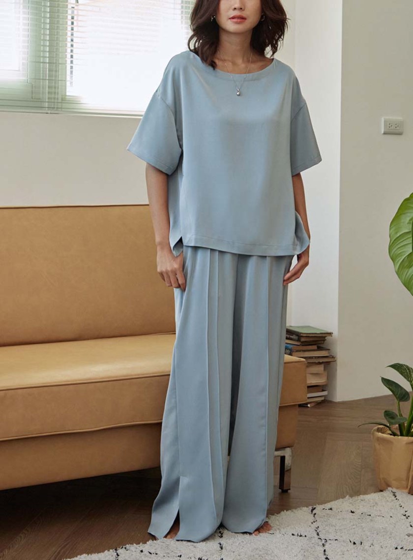 微光澤腰頭鬆緊休閒寬褲