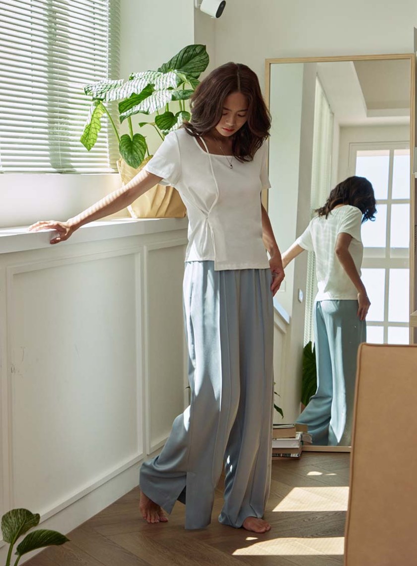 微光澤腰頭鬆緊休閒寬褲