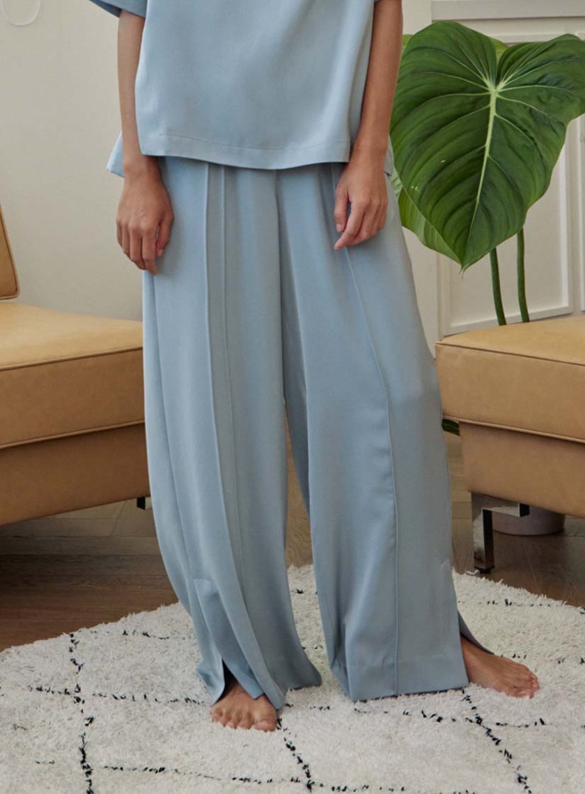 微光澤腰頭鬆緊休閒寬褲