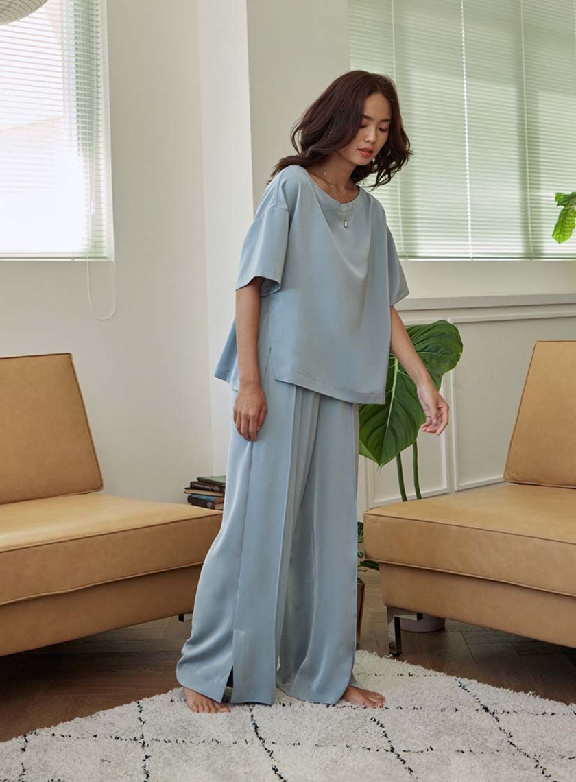 微光澤腰頭鬆緊休閒寬褲