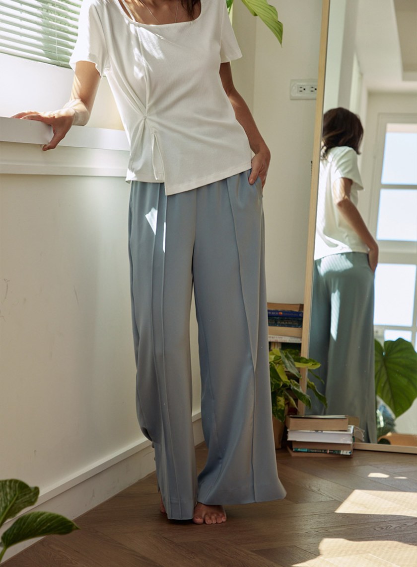 微光澤腰頭鬆緊休閒寬褲