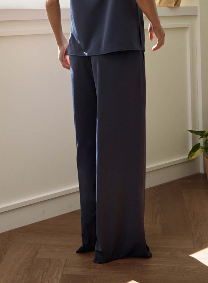 微光澤腰頭鬆緊休閒寬褲