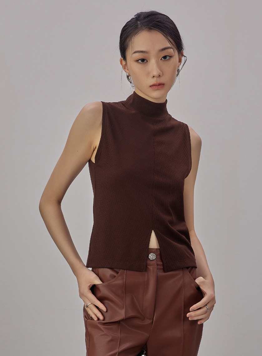 半高領坑條無袖上衣