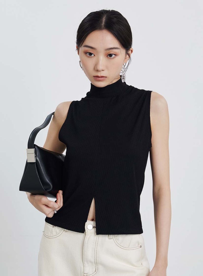半高領坑條無袖上衣
