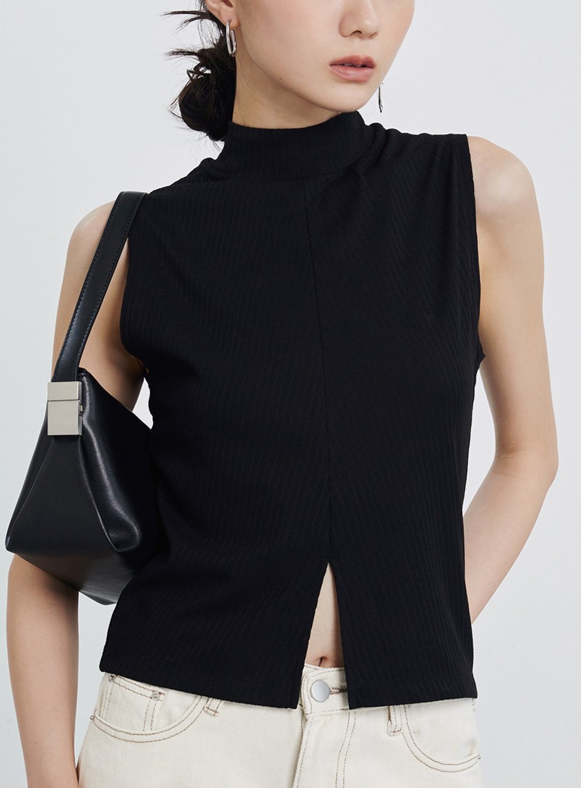 半高領坑條無袖上衣