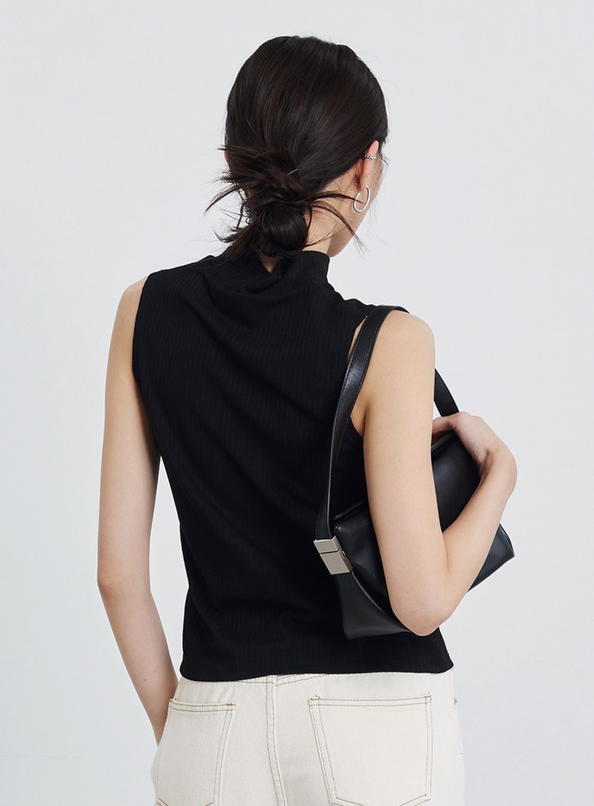 半高領坑條無袖上衣