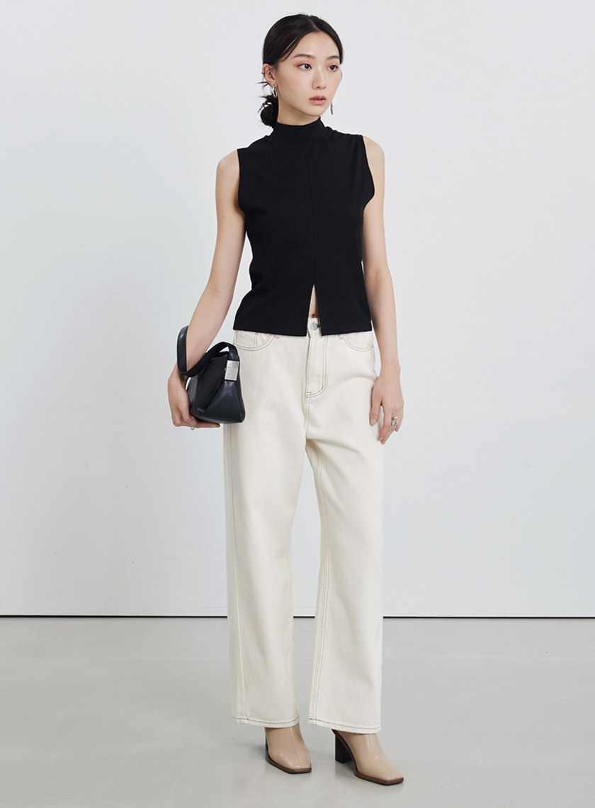 半高領坑條無袖上衣