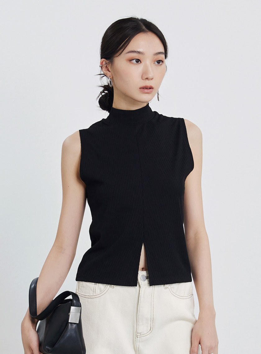 半高領坑條無袖上衣