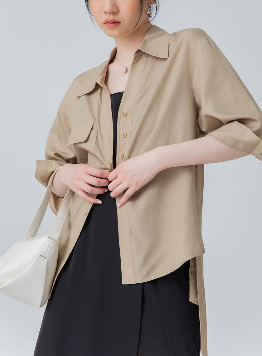 口袋七分袖綁帶襯衫