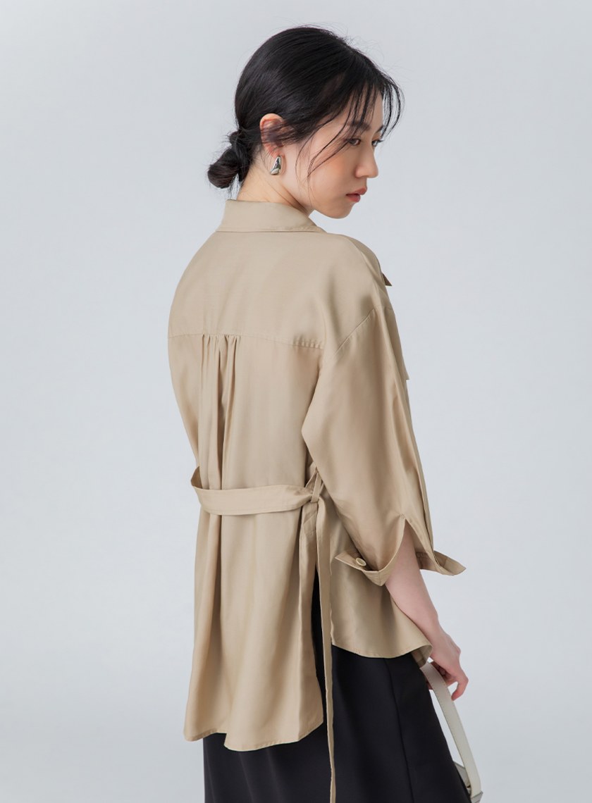 口袋七分袖綁帶襯衫