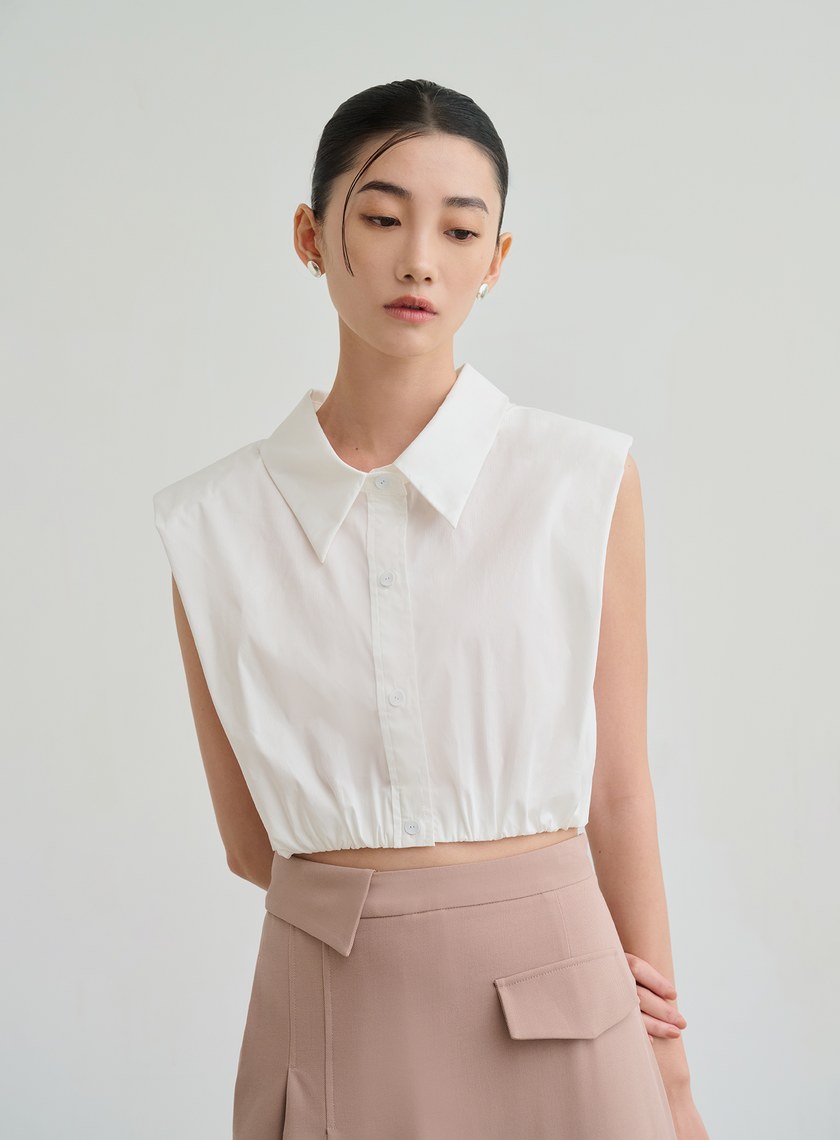 短版俐落寬肩無袖休閒襯杉
