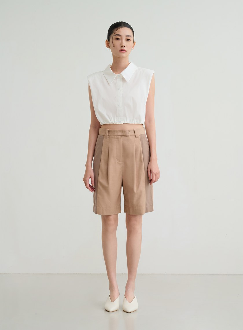 短版俐落寬肩無袖休閒襯杉