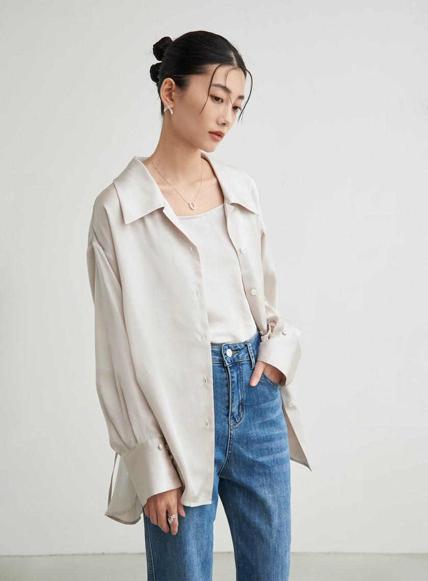 兩件式後綁帶細節緞面襯衫
