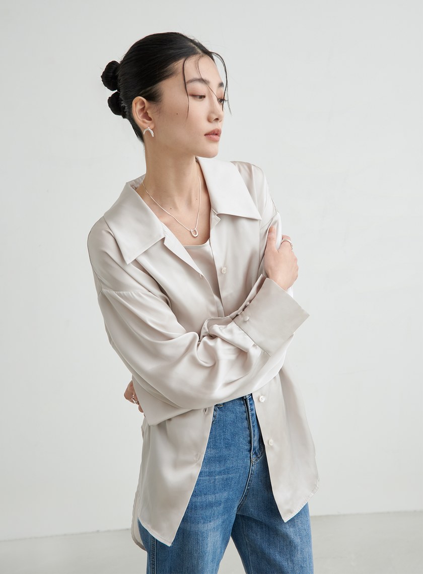 兩件式後綁帶細節緞面襯衫