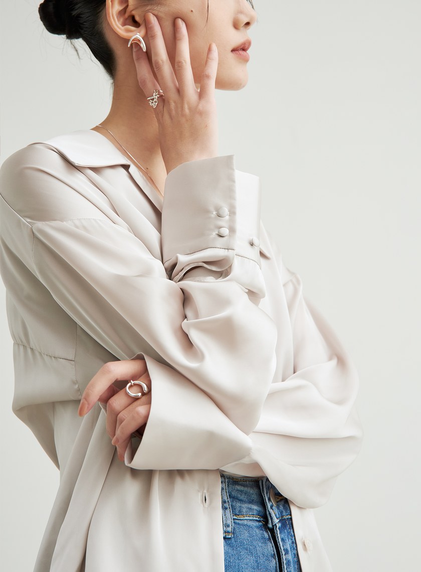 兩件式後綁帶細節緞面襯衫