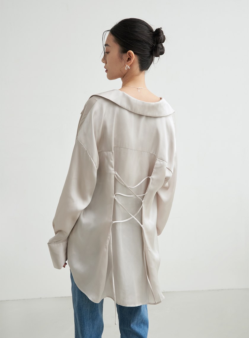 兩件式後綁帶細節緞面襯衫