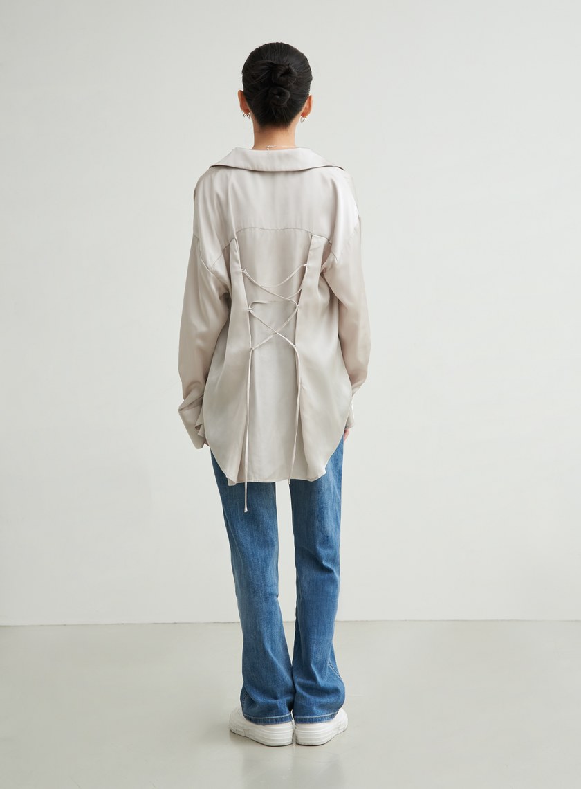 兩件式後綁帶細節緞面襯衫