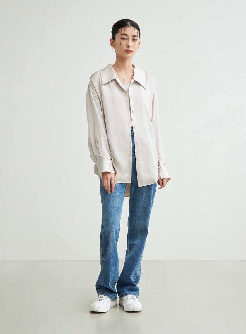 兩件式後綁帶細節緞面襯衫