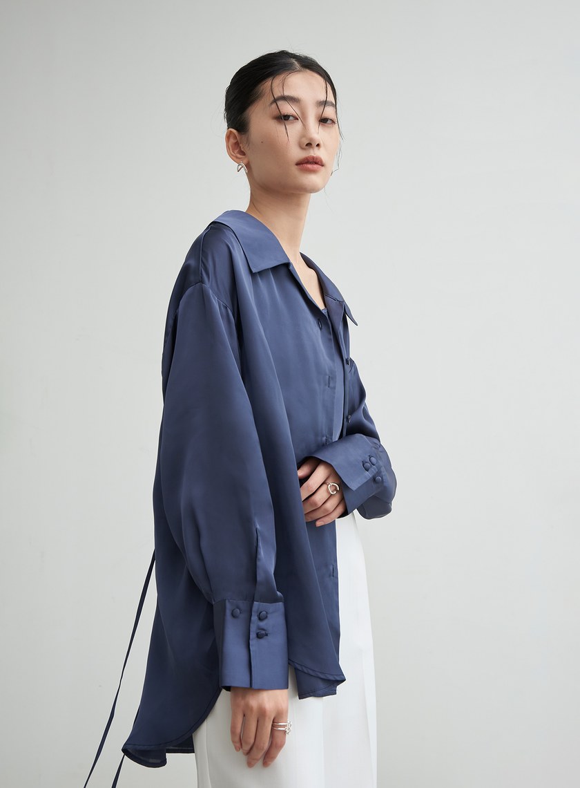兩件式後綁帶細節緞面襯衫