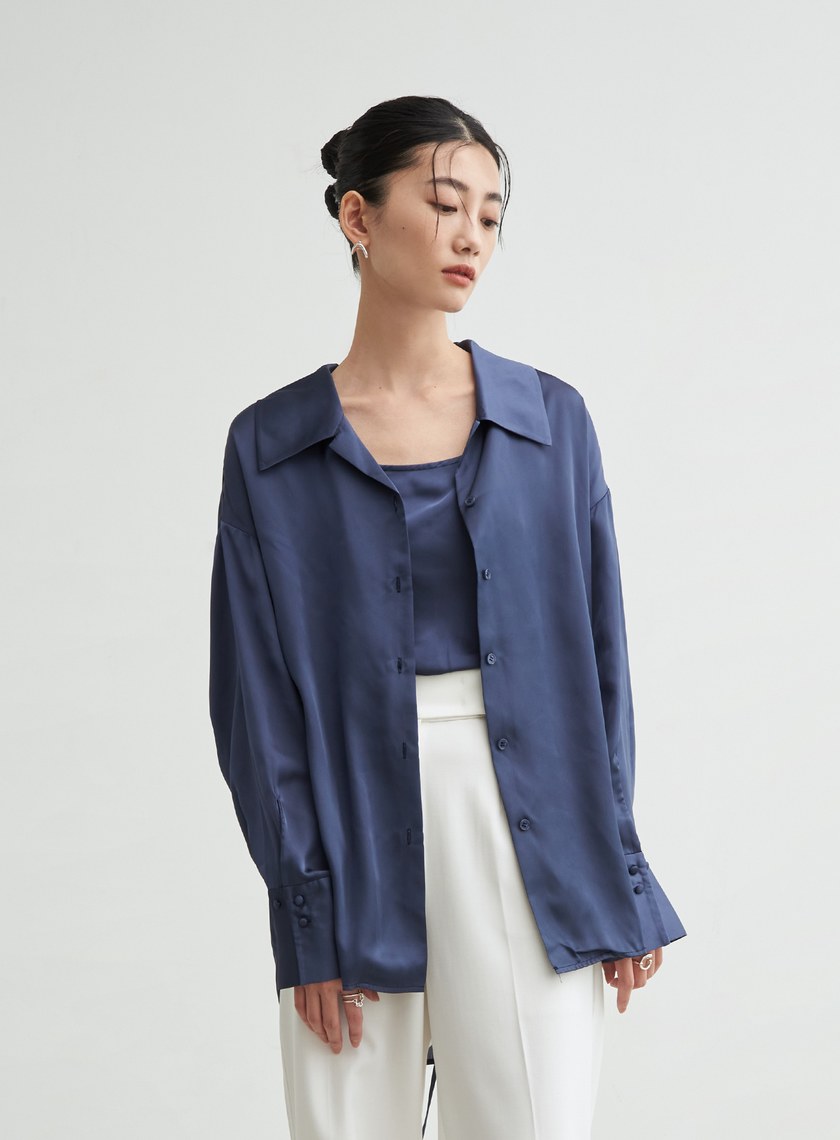 兩件式後綁帶細節緞面襯衫