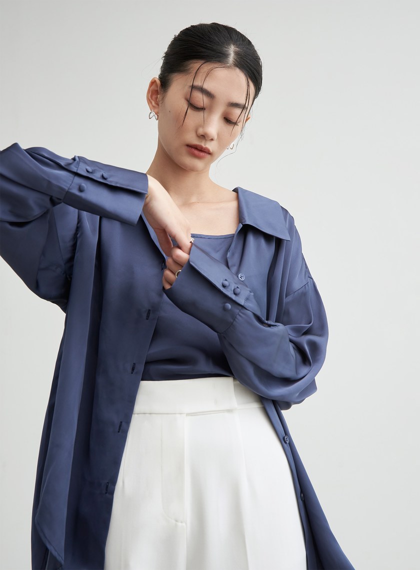 兩件式後綁帶細節緞面襯衫