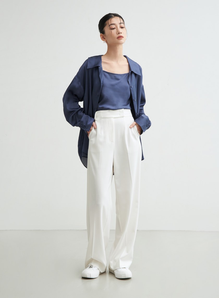 兩件式後綁帶細節緞面襯衫