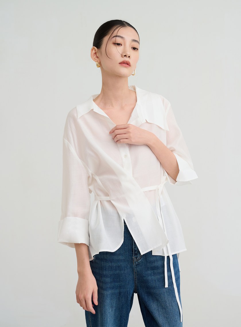 不對稱領細綁帶襯衫