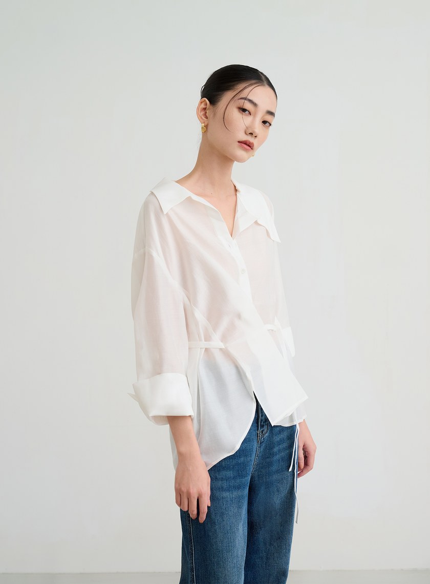 不對稱領細綁帶襯衫