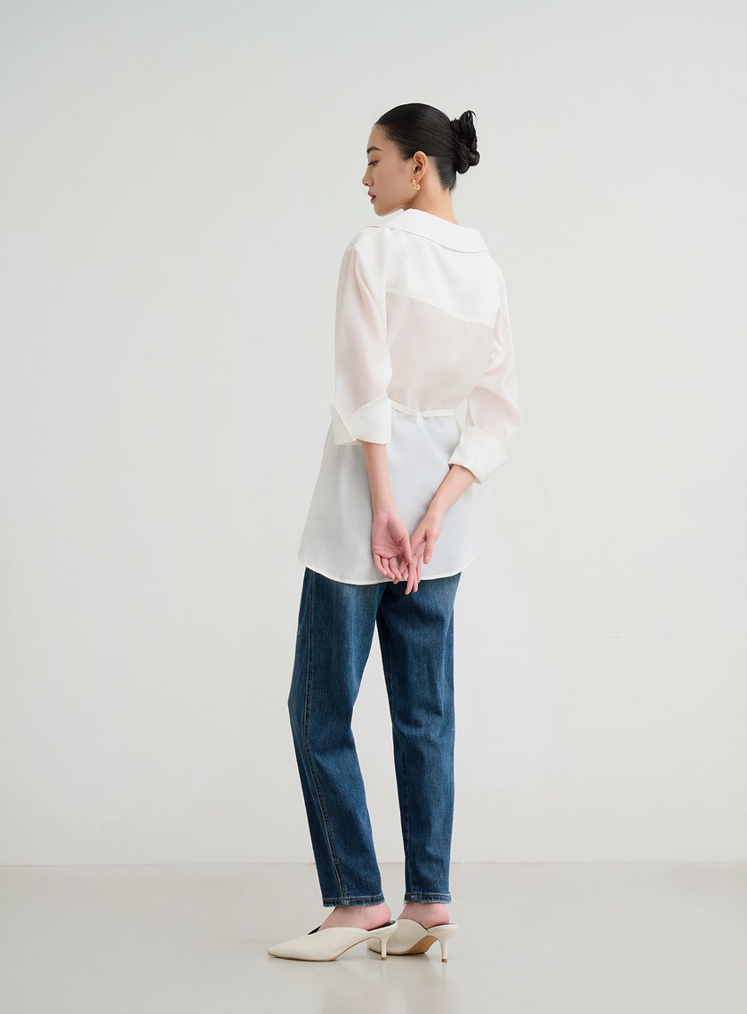 不對稱領細綁帶襯衫