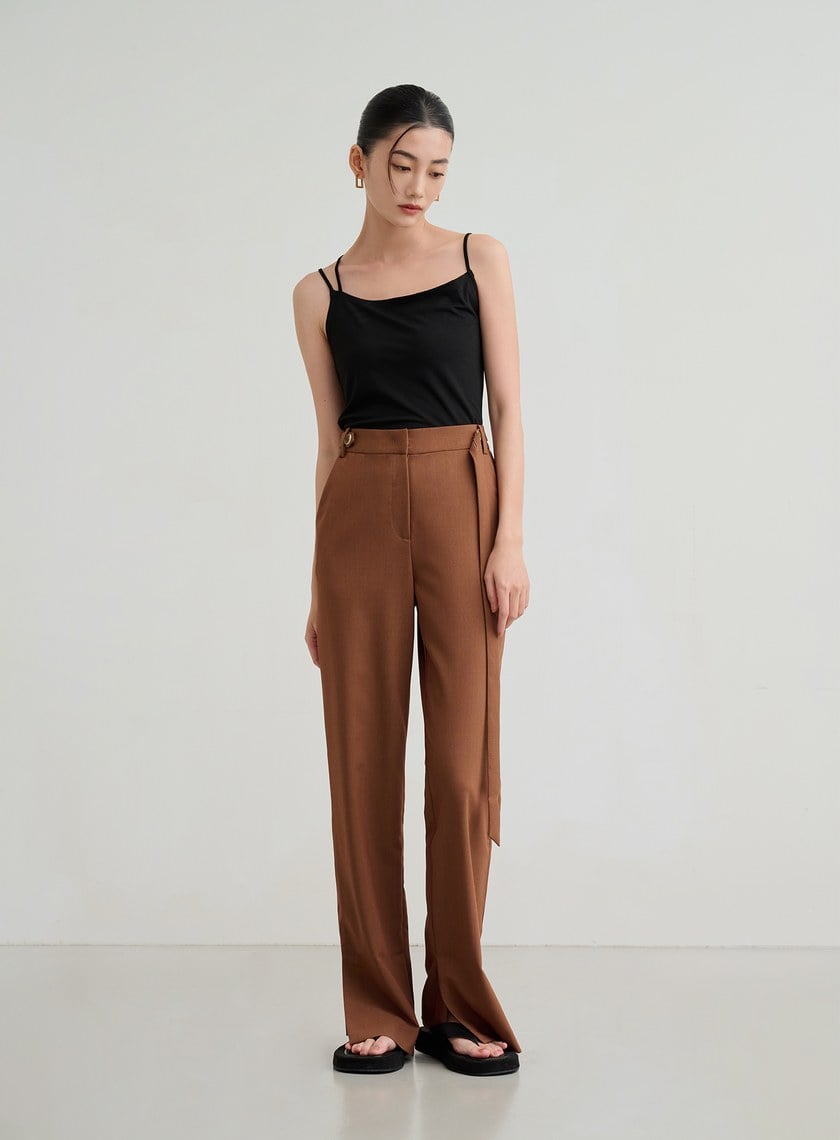 側開衩直筒腰帶西裝褲