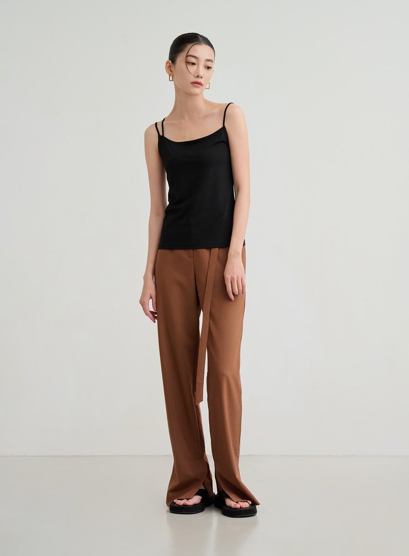 側開衩直筒腰帶西裝褲