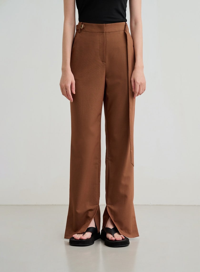 側開衩直筒腰帶西裝褲