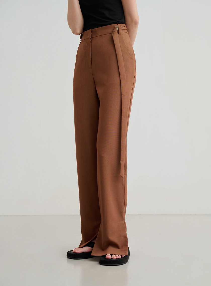 側開衩直筒腰帶西裝褲