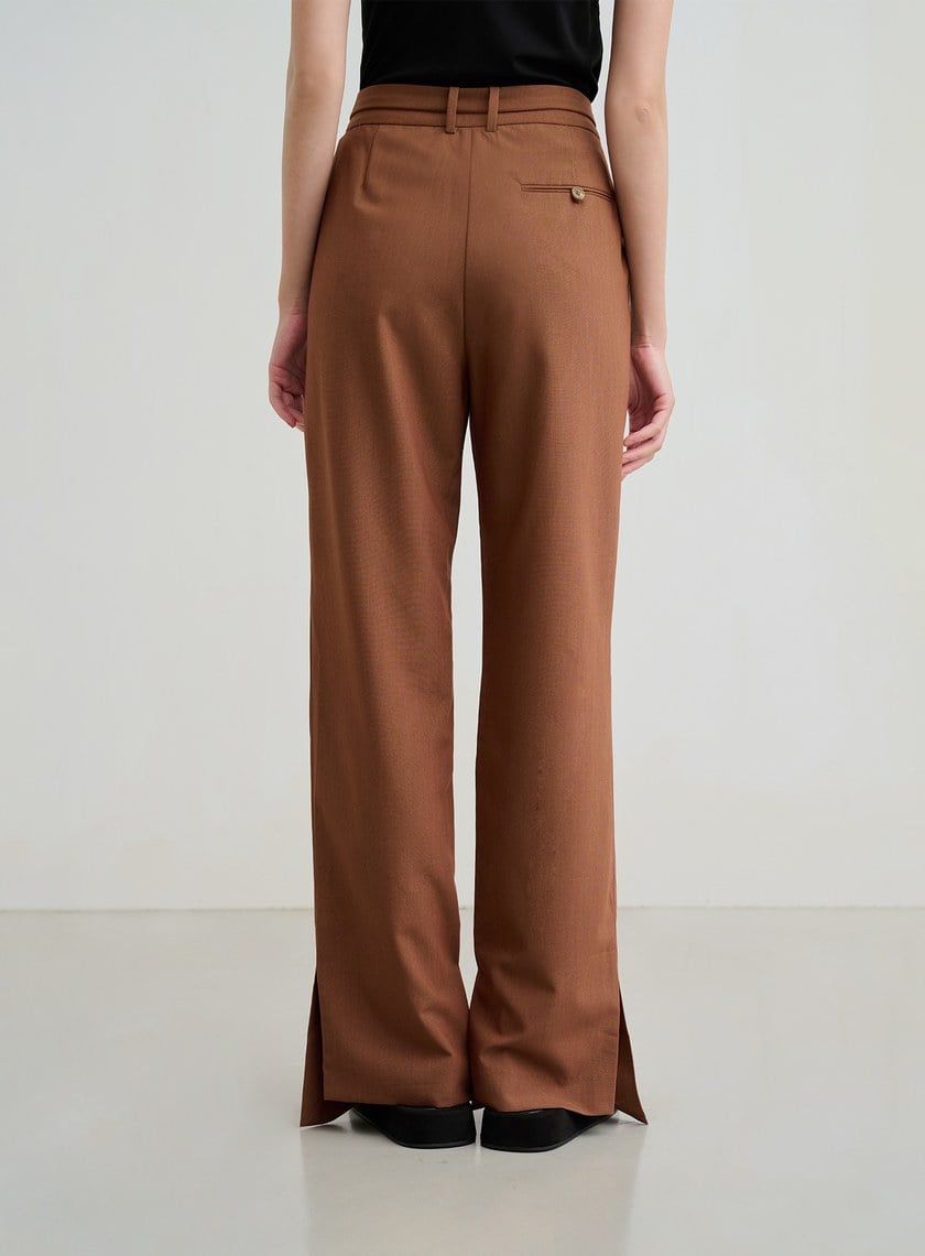 側開衩直筒腰帶西裝褲