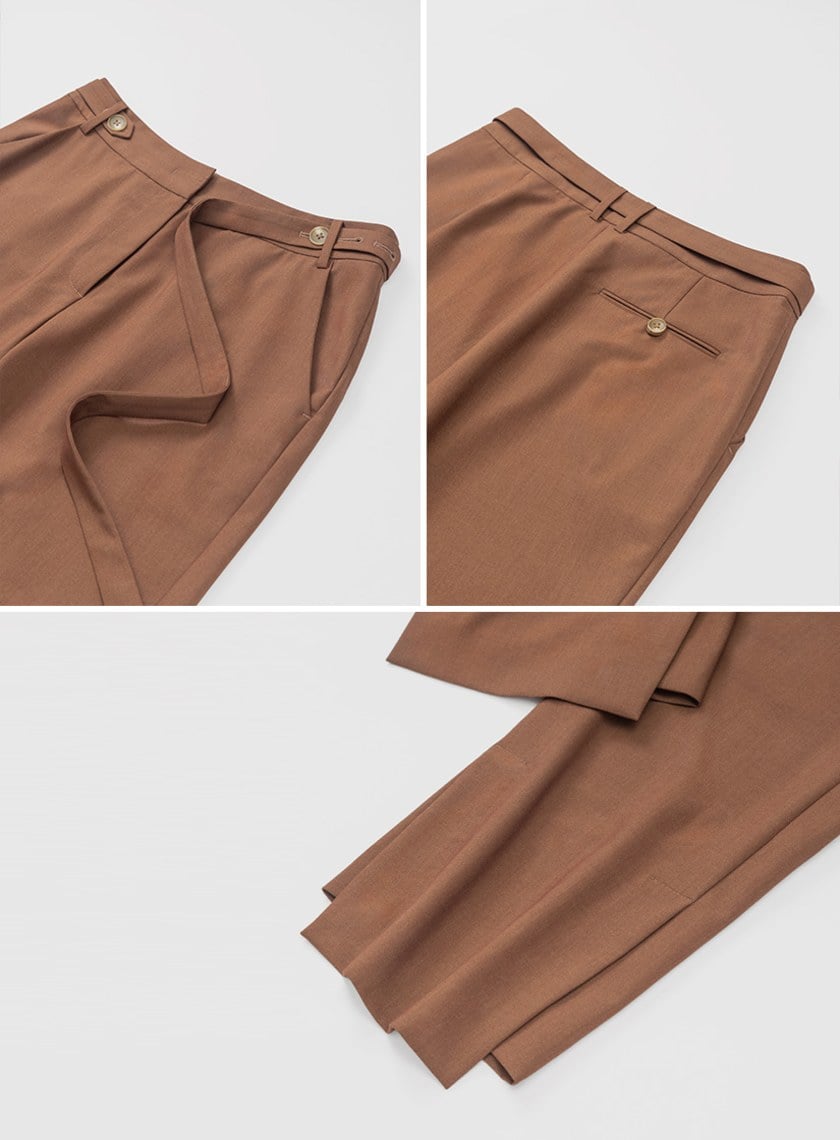 側開衩直筒腰帶西裝褲