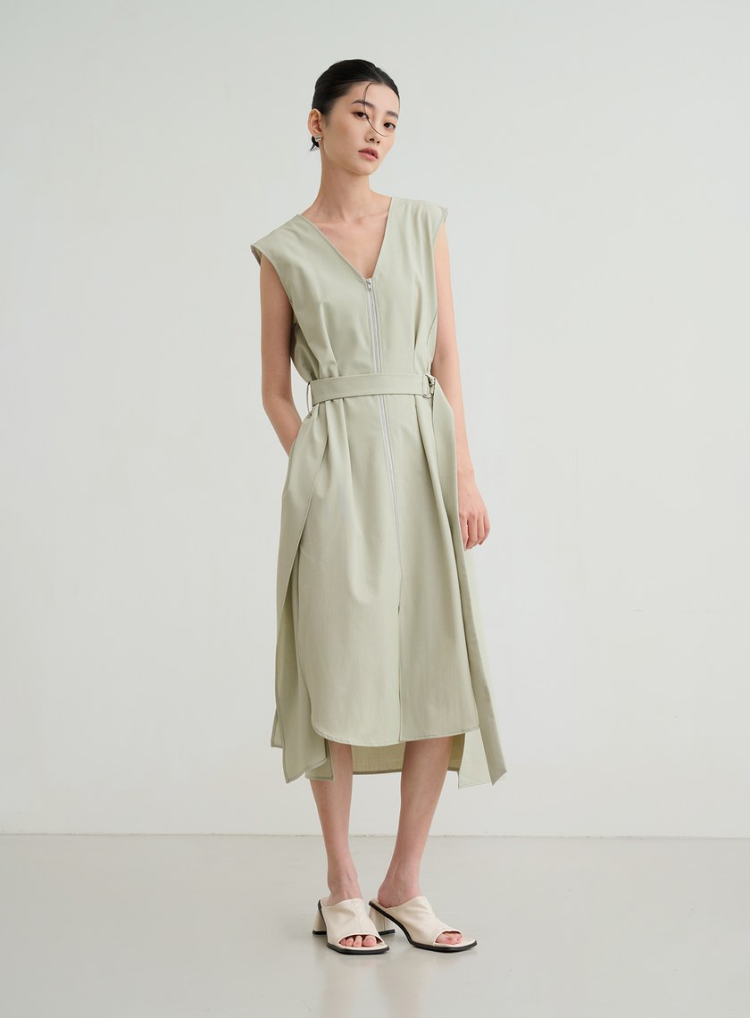 無袖拉鍊綁帶洋裝