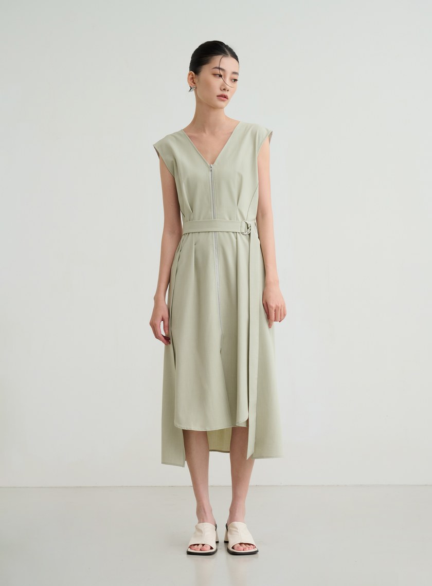 無袖拉鍊綁帶洋裝