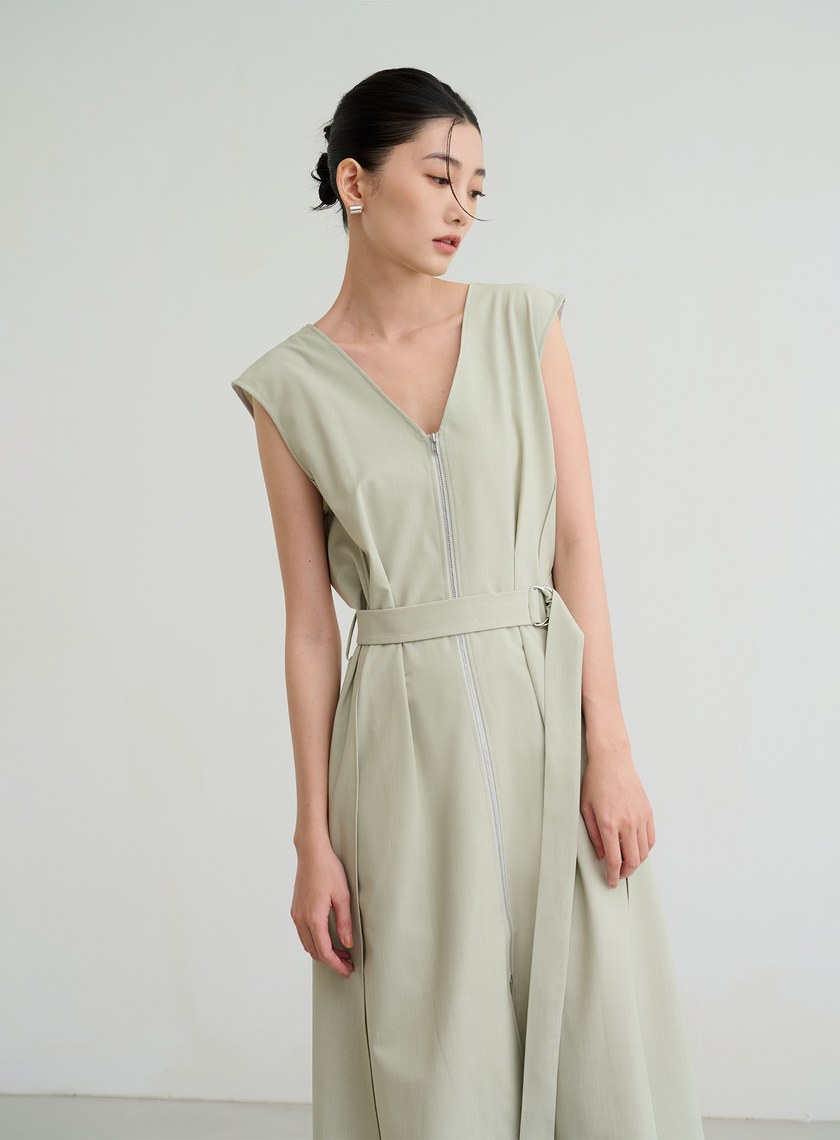 無袖拉鍊綁帶洋裝