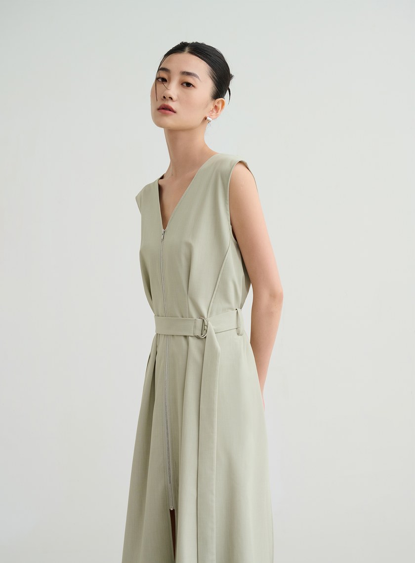 無袖拉鍊綁帶洋裝