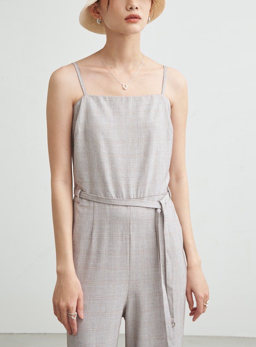 格紋平口綁帶連身寬褲