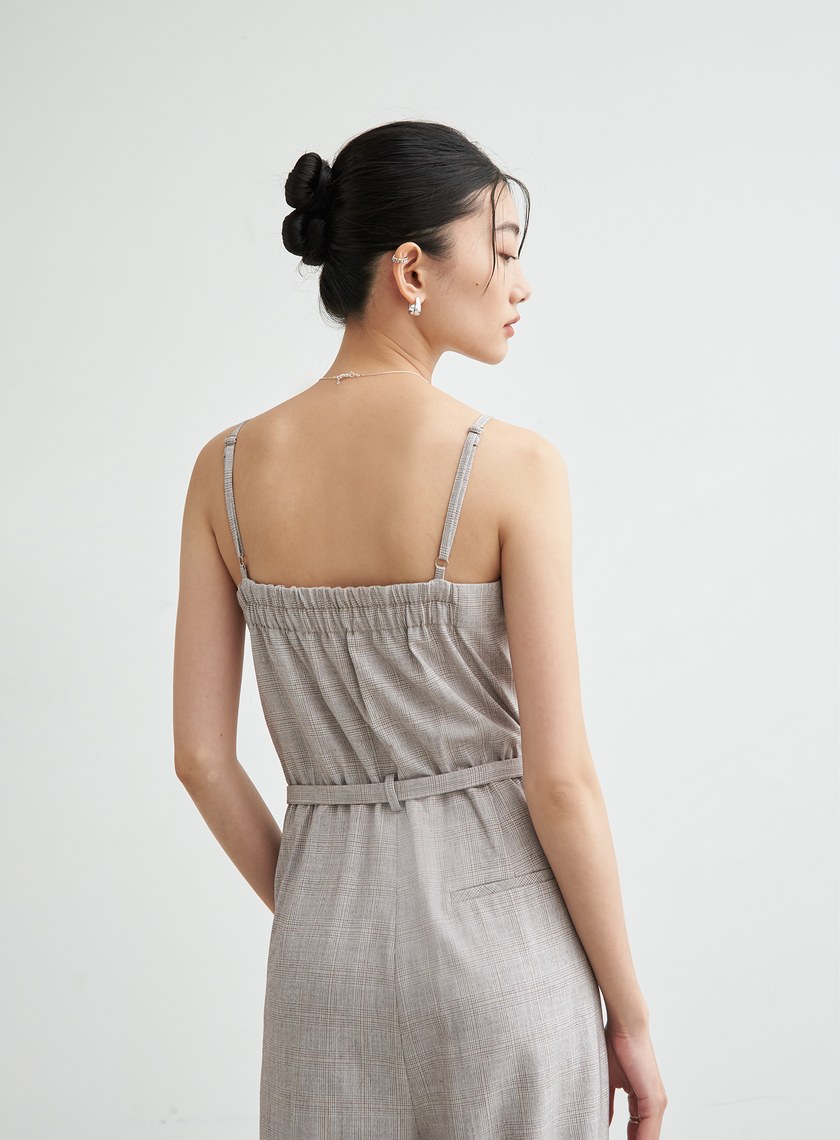 格紋平口綁帶連身寬褲