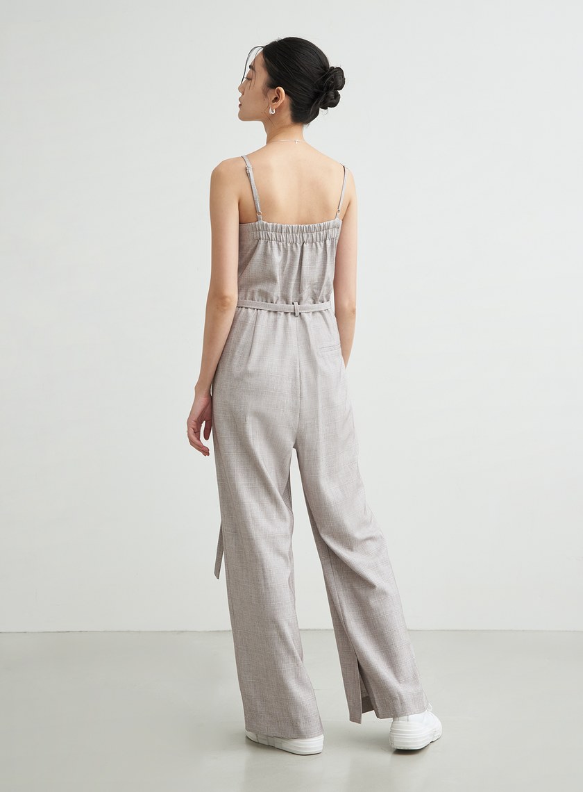 格紋平口綁帶連身寬褲