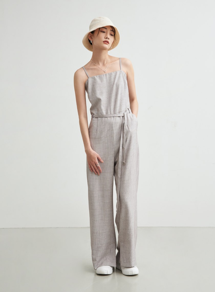 格紋平口綁帶連身寬褲