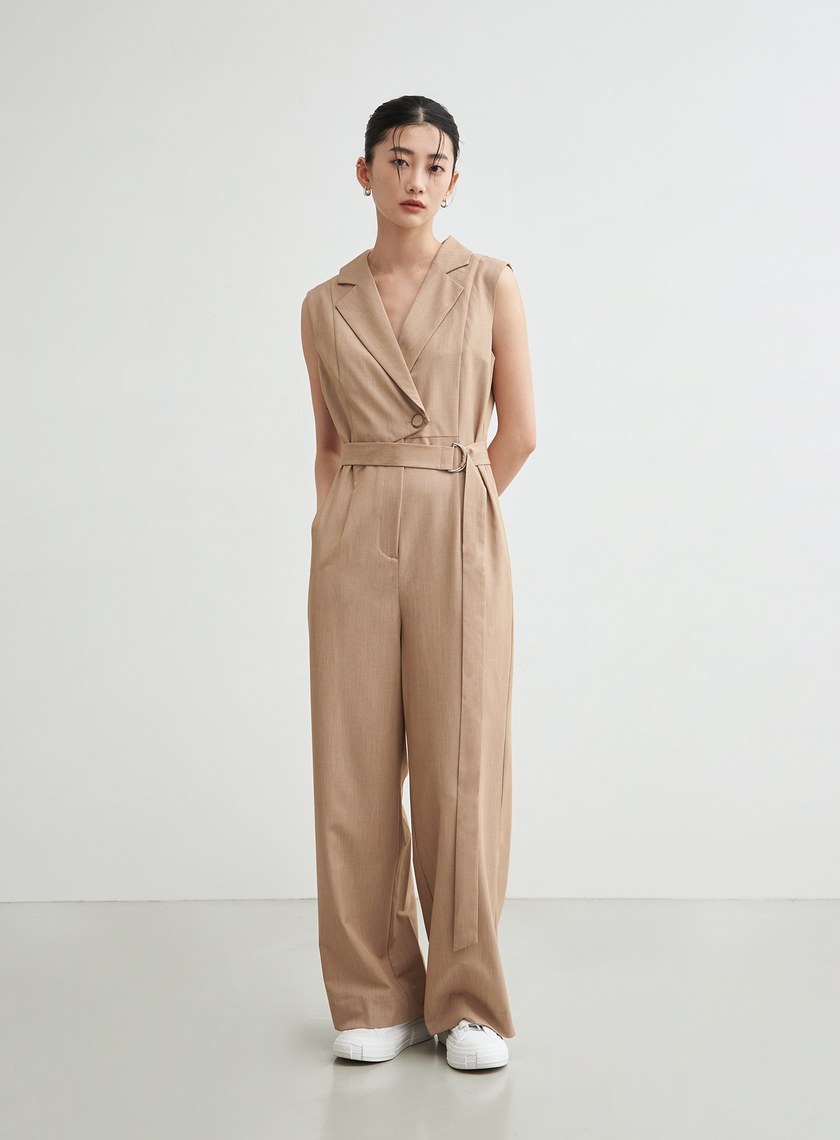 俐落西裝領無袖腰帶連身褲