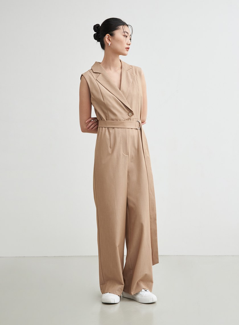 俐落西裝領無袖腰帶連身褲