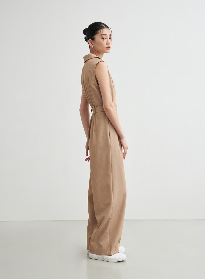 俐落西裝領無袖腰帶連身褲