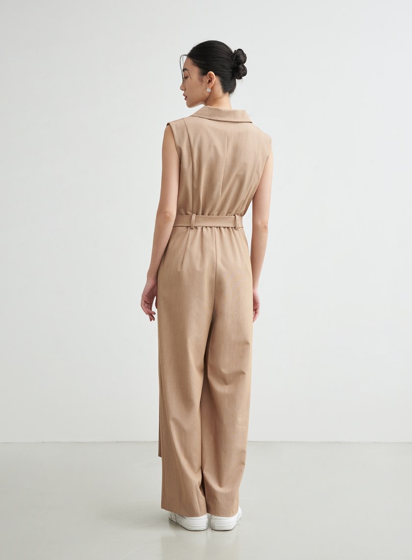 俐落西裝領無袖腰帶連身褲