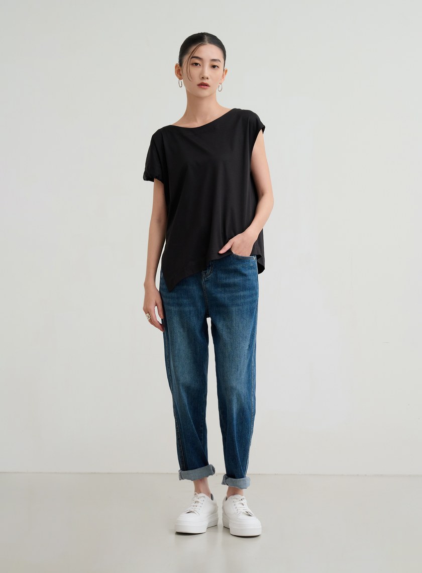 不對稱袖口抽皺上衣