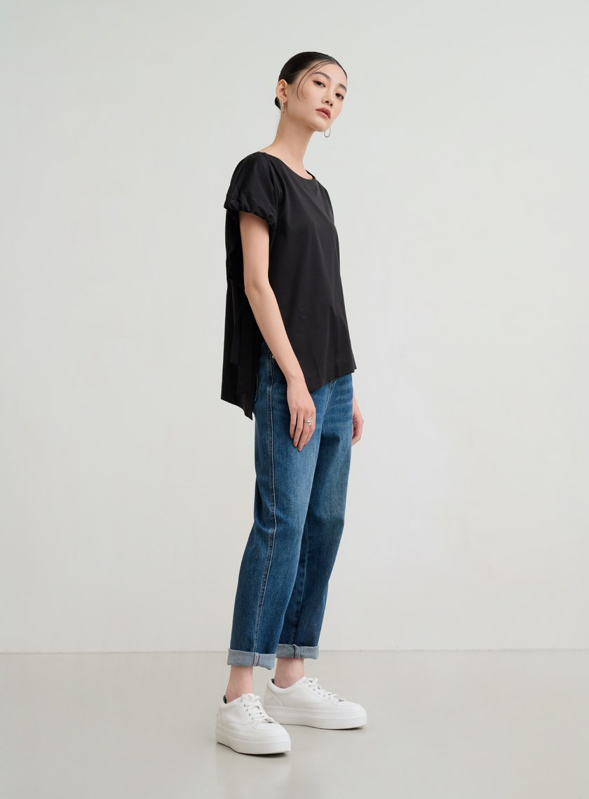 不對稱袖口抽皺上衣