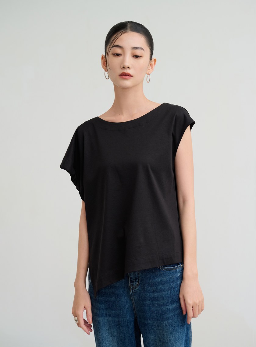 不對稱袖口抽皺上衣